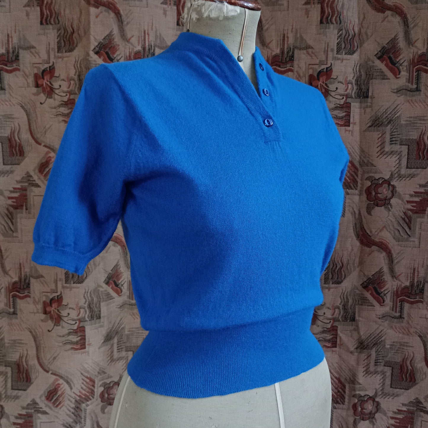 Vintage 1950s Knitted Blue Sweater Short Sleeve Jumper Top Pure Wool  UK S