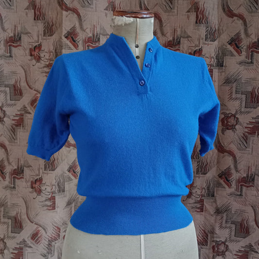 Vintage 1950s Knitted Blue Sweater Short Sleeve Jumper Top Pure Wool  UK S