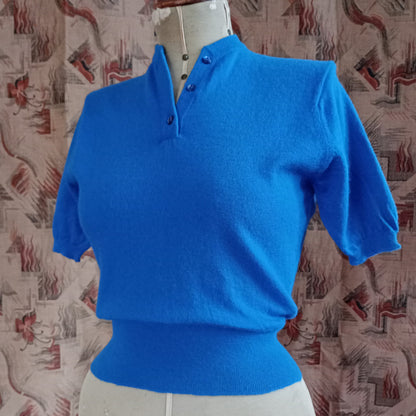 Vintage 1950s Knitted Blue Sweater Short Sleeve Jumper Top Pure Wool  UK S