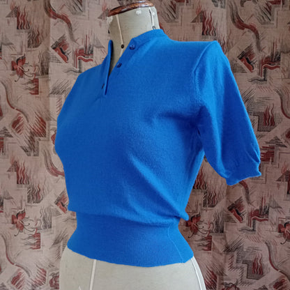 Vintage 1950s Knitted Blue Sweater Short Sleeve Jumper Top Pure Wool  UK S