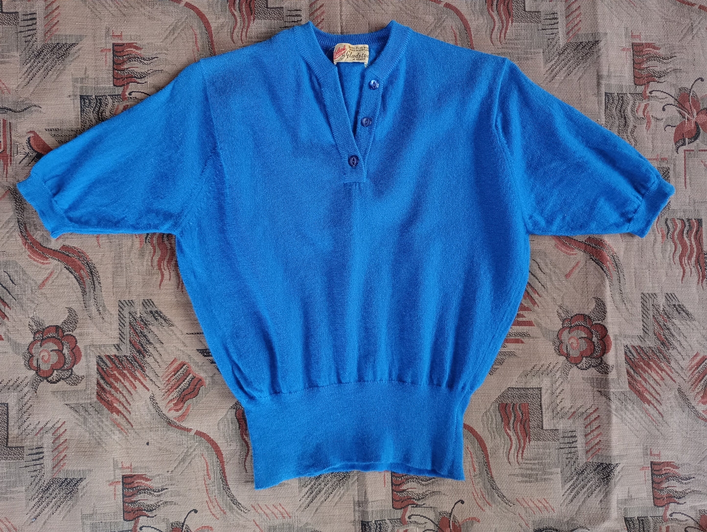 Vintage 1950s Knitted Blue Sweater Short Sleeve Jumper Top Pure Wool  UK S