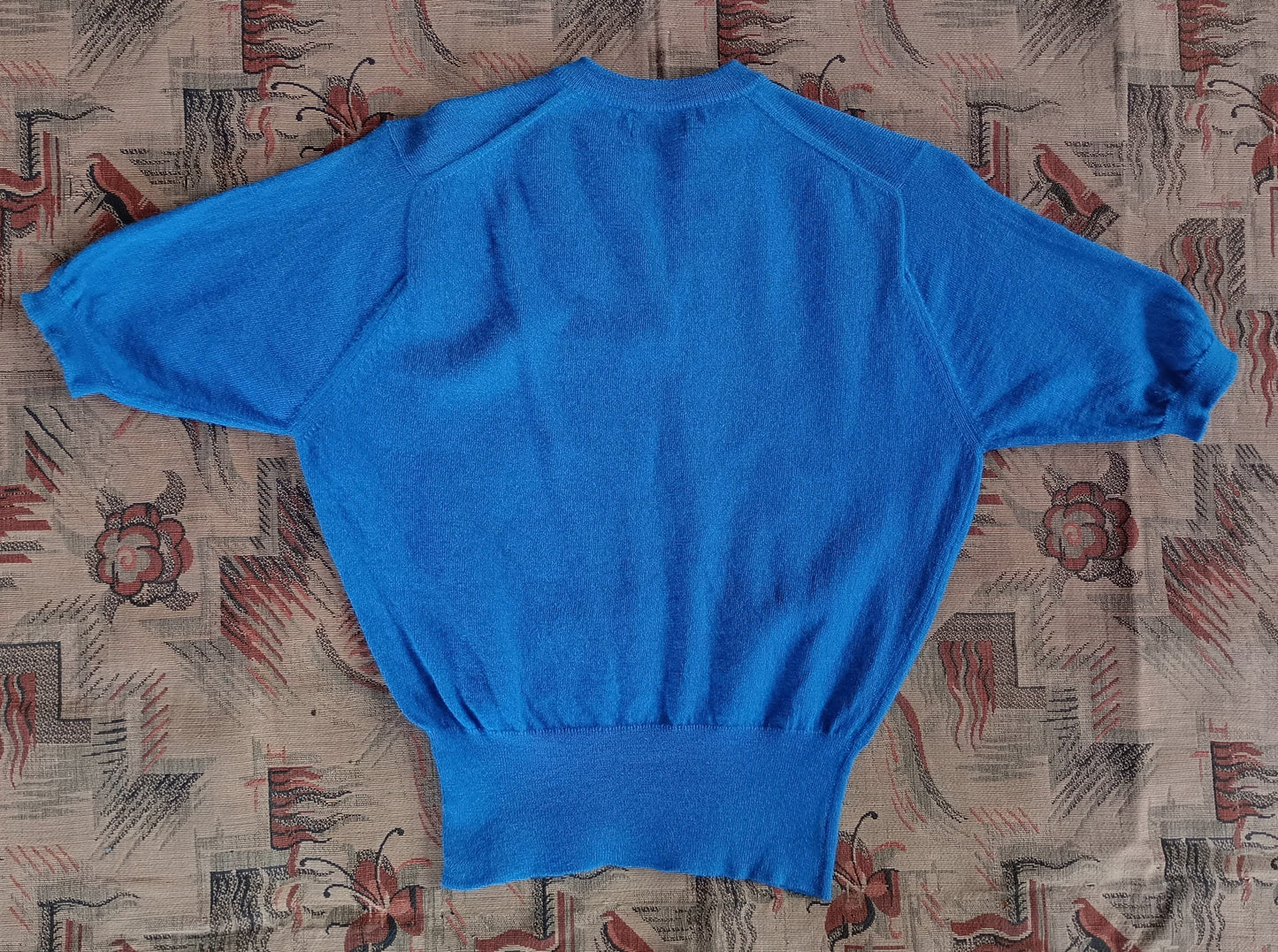 Vintage 1950s Knitted Blue Sweater Short Sleeve Jumper Top Pure Wool  UK S