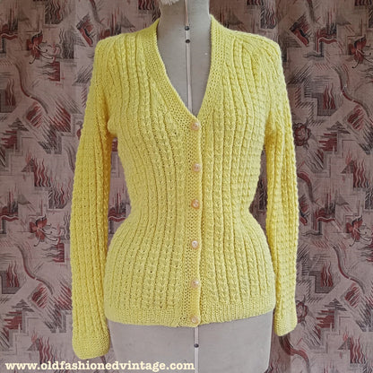 Vintage 1950s Hand Knitted Cardigan Lemon Wool Long Line Raglan UK S/M