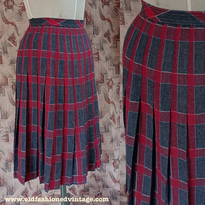 Vintage 1940s Pleated Skirt Tweed Checked Plaid Wool High Waist Red Grey UK S