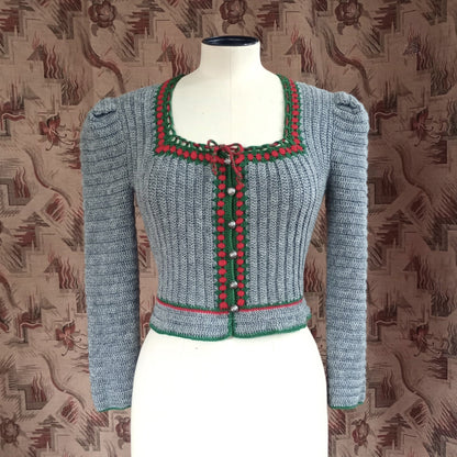 Vintage Traditional Knitted Wool Cardigan Grey Tyrolean UK XS