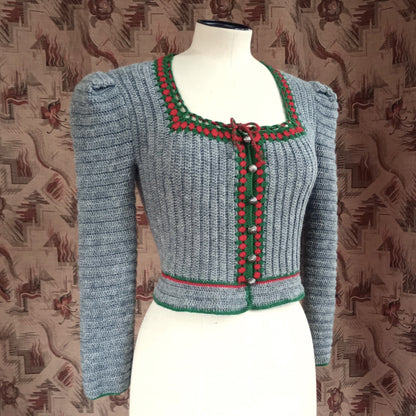 Vintage Traditional Knitted Wool Cardigan Grey Tyrolean UK XS