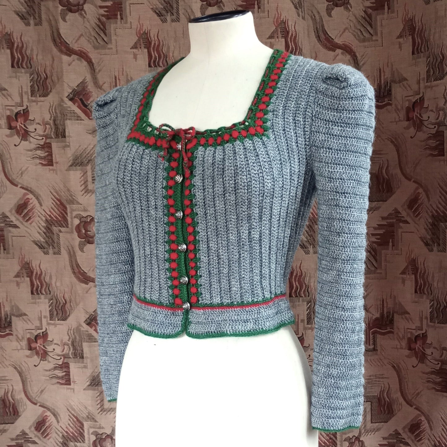 Vintage Traditional Knitted Wool Cardigan Grey Tyrolean UK XS