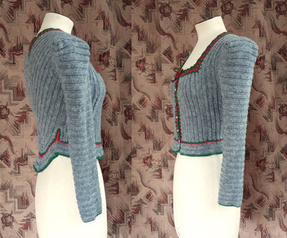 Vintage Traditional Knitted Wool Cardigan Grey Tyrolean UK XS