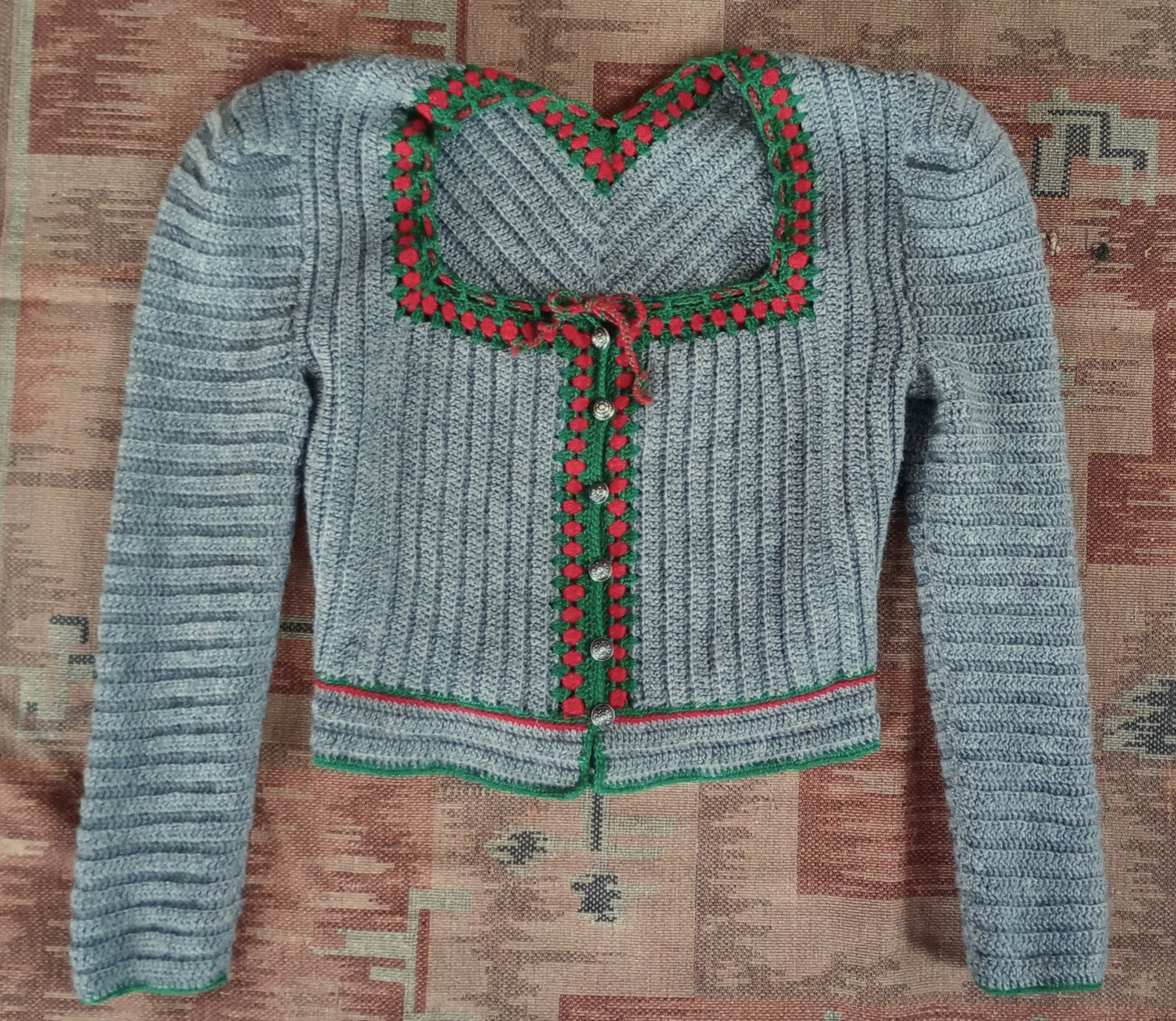 Vintage Traditional Knitted Wool Cardigan Grey Tyrolean UK XS