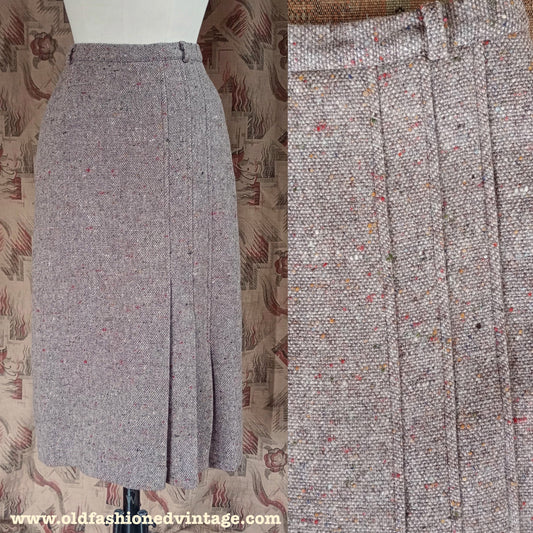 Vintage 1980s Wool Skirt Beige Flecked Speckled Tweed 1930 40s Style UK XS