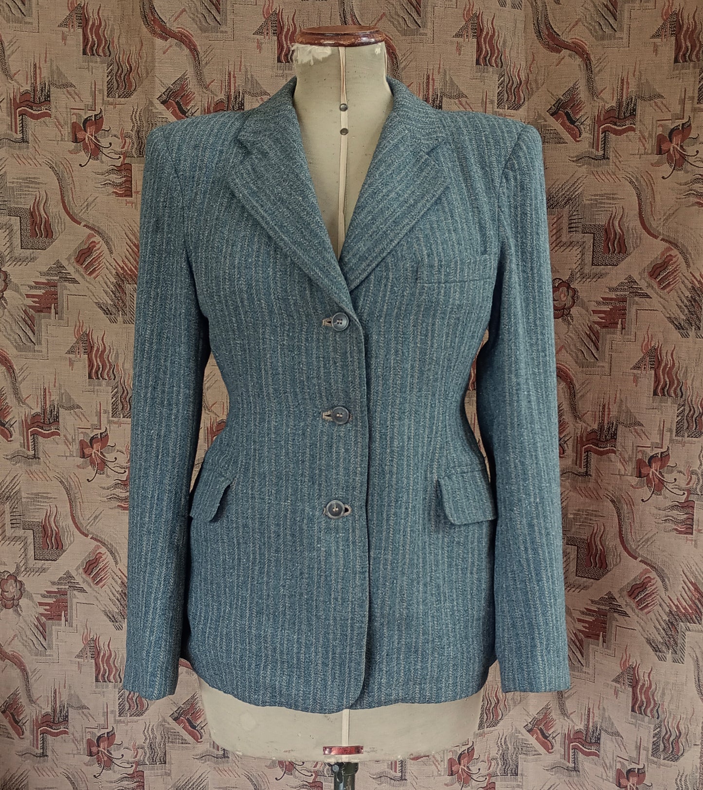 Rare Vintage 1940s Wool Jacket Grey Green Striped Tailored Blazer Back Belt UK S