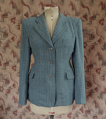 Rare Vintage 1940s Wool Jacket Grey Green Striped Tailored Blazer Back Belt UK S