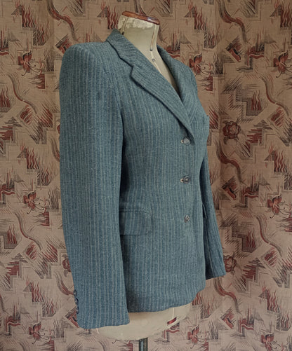 Rare Vintage 1940s Wool Jacket Grey Green Striped Tailored Blazer Back Belt UK S