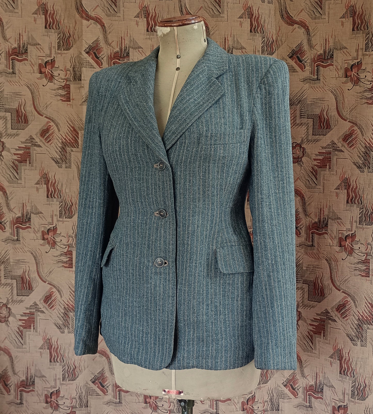 Rare Vintage 1940s Wool Jacket Grey Green Striped Tailored Blazer Back Belt UK S