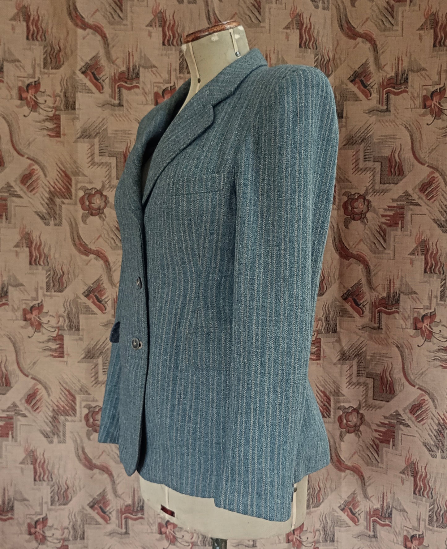 Rare Vintage 1940s Wool Jacket Grey Green Striped Tailored Blazer Back Belt UK S