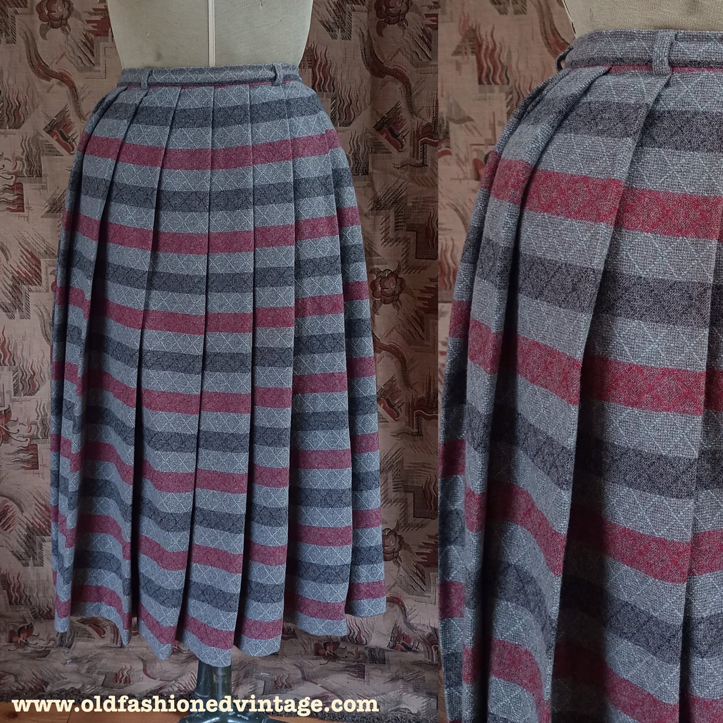 Vintage Gor-Ray Pleated Skirt Striped Red Grey Wool High Waist UK XS