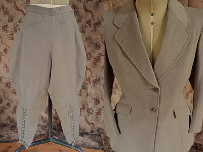 Superb Rare Original 1930s Riding Suit Taupe Wool Jacket Elephant Ear Breeches Jodhpurs UK S