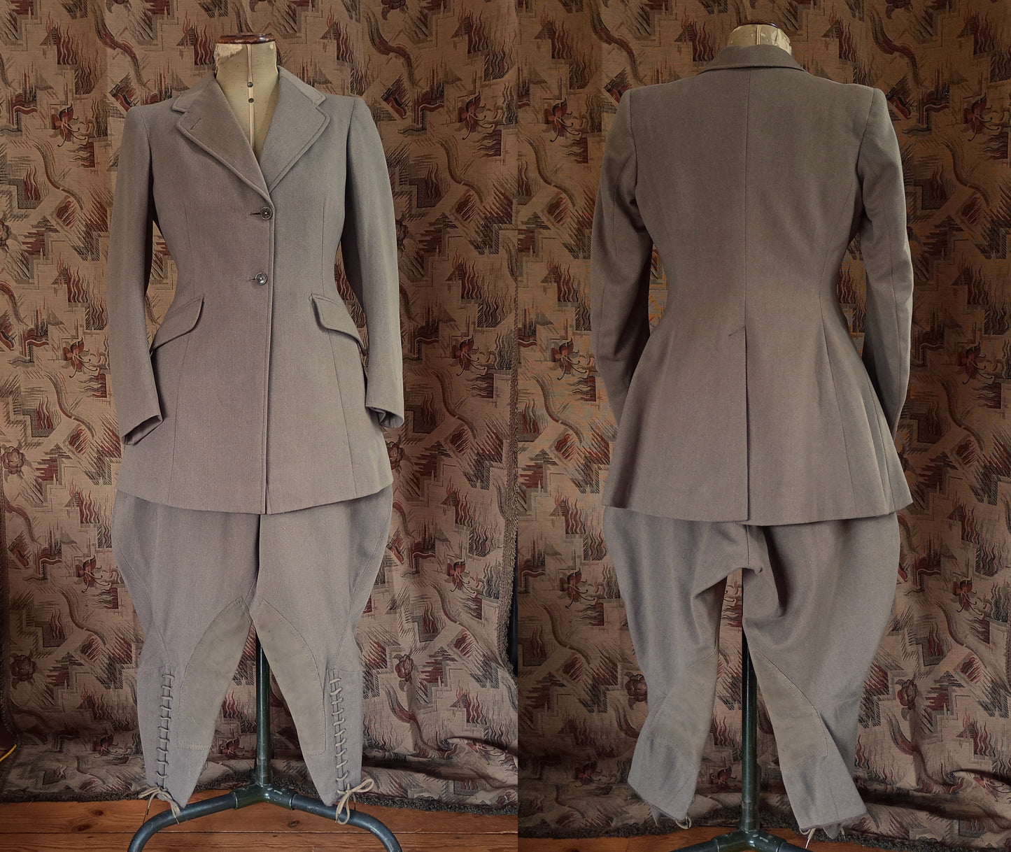 Superb Rare Original 1930s Riding Suit Taupe Wool Jacket Elephant Ear Breeches Jodhpurs UK S