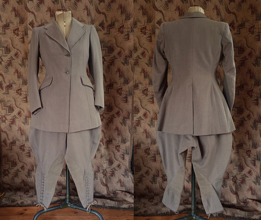 Superb Rare Original 1930s Riding Suit Taupe Wool Jacket Elephant Ear Breeches Jodhpurs UK S