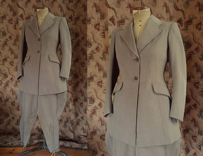 Superb Rare Original 1930s Riding Suit Taupe Wool Jacket Elephant Ear Breeches Jodhpurs UK S