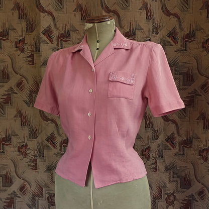 Vintage CC41 Blouse 1940s Pink Shirt Short Sleeved Sleeves Soutache Decoration