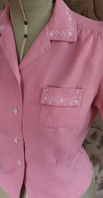 Vintage CC41 Blouse 1940s Pink Shirt Short Sleeved Sleeves Soutache Decoration