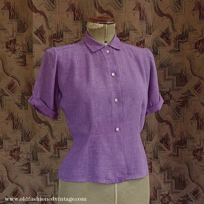 Vintage 1940s Blouse Deep Lilac Flecked Moygashel UK S