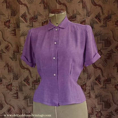 Vintage 1940s Blouse Deep Lilac Flecked Moygashel UK S