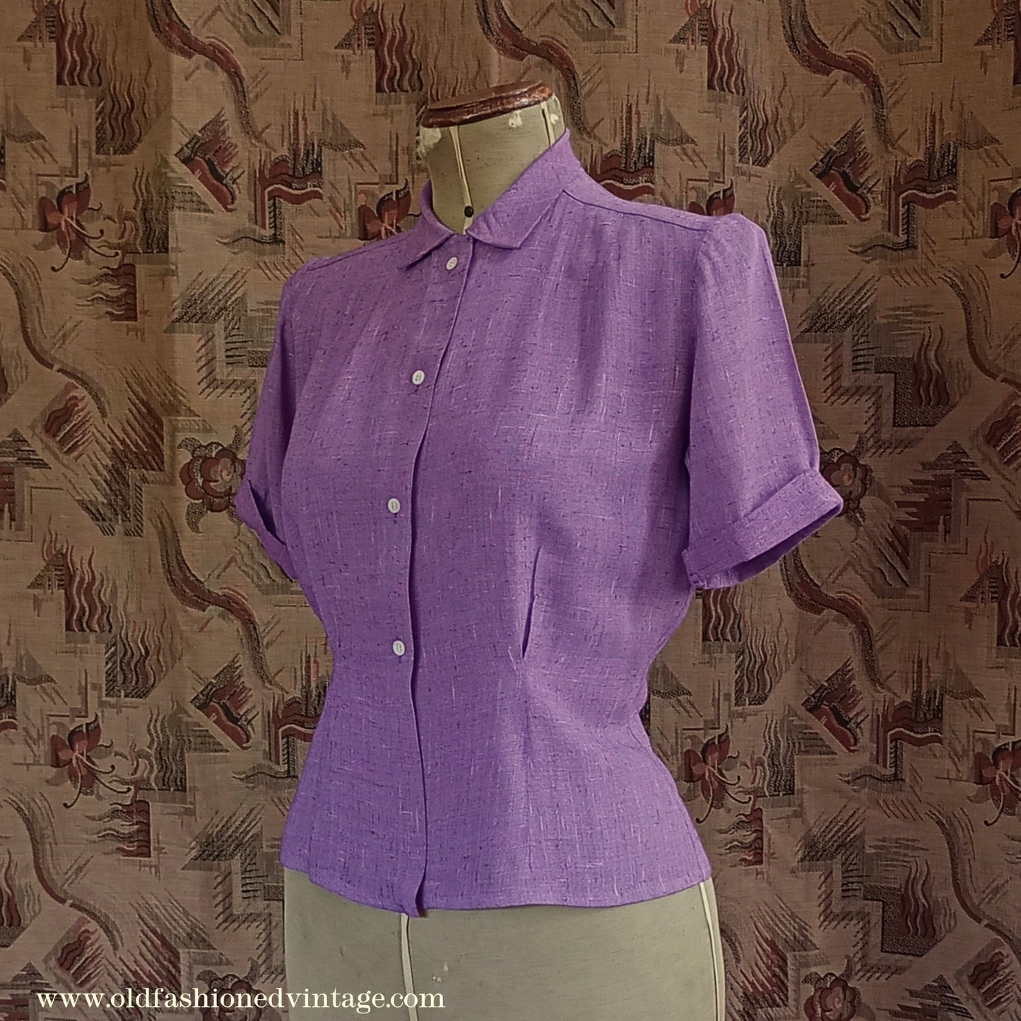 Vintage 1940s Blouse Deep Lilac Flecked Moygashel UK S