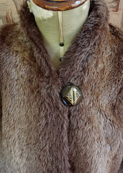 Vintage 1930s Capelet Brown Faux Fur Deco Cape Evening Jacket UK M