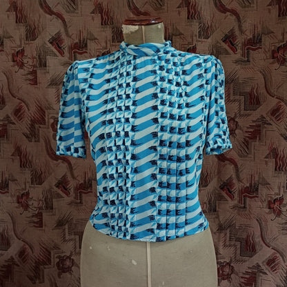 Superb Vintage 1940s Crepe Blouse Geometric Print Shirt UK XS