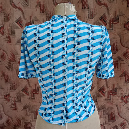 Superb Vintage 1940s Crepe Blouse Geometric Print Shirt UK XS