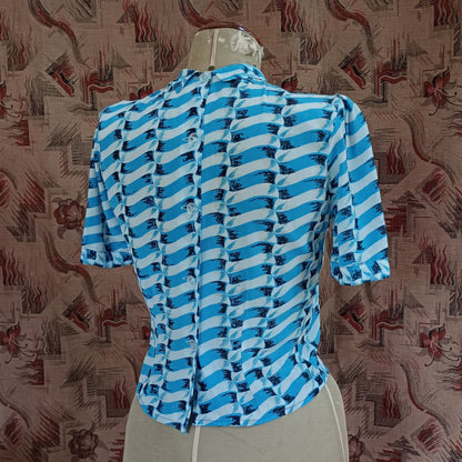 Superb Vintage 1940s Crepe Blouse Geometric Print Shirt UK XS