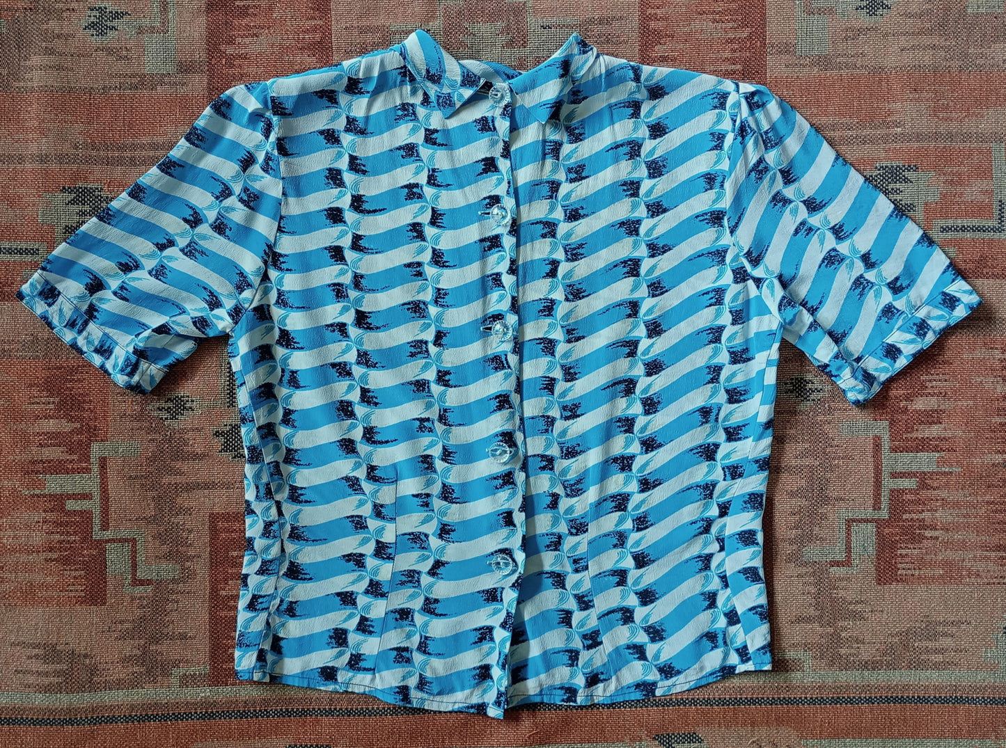 Superb Vintage 1940s Crepe Blouse Geometric Print Shirt UK XS