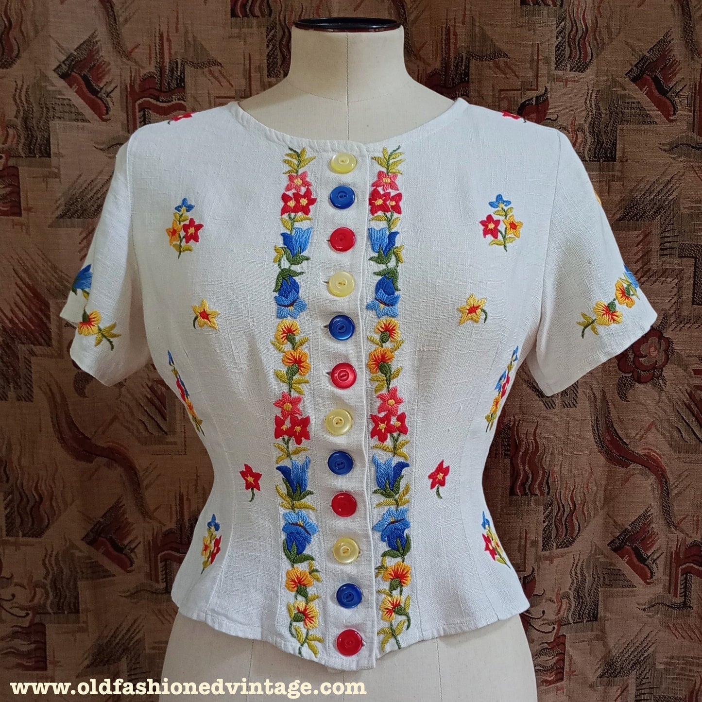 Vintage 1940s Hand Embroidered Peasant Blouse Bodice Jacket UK S