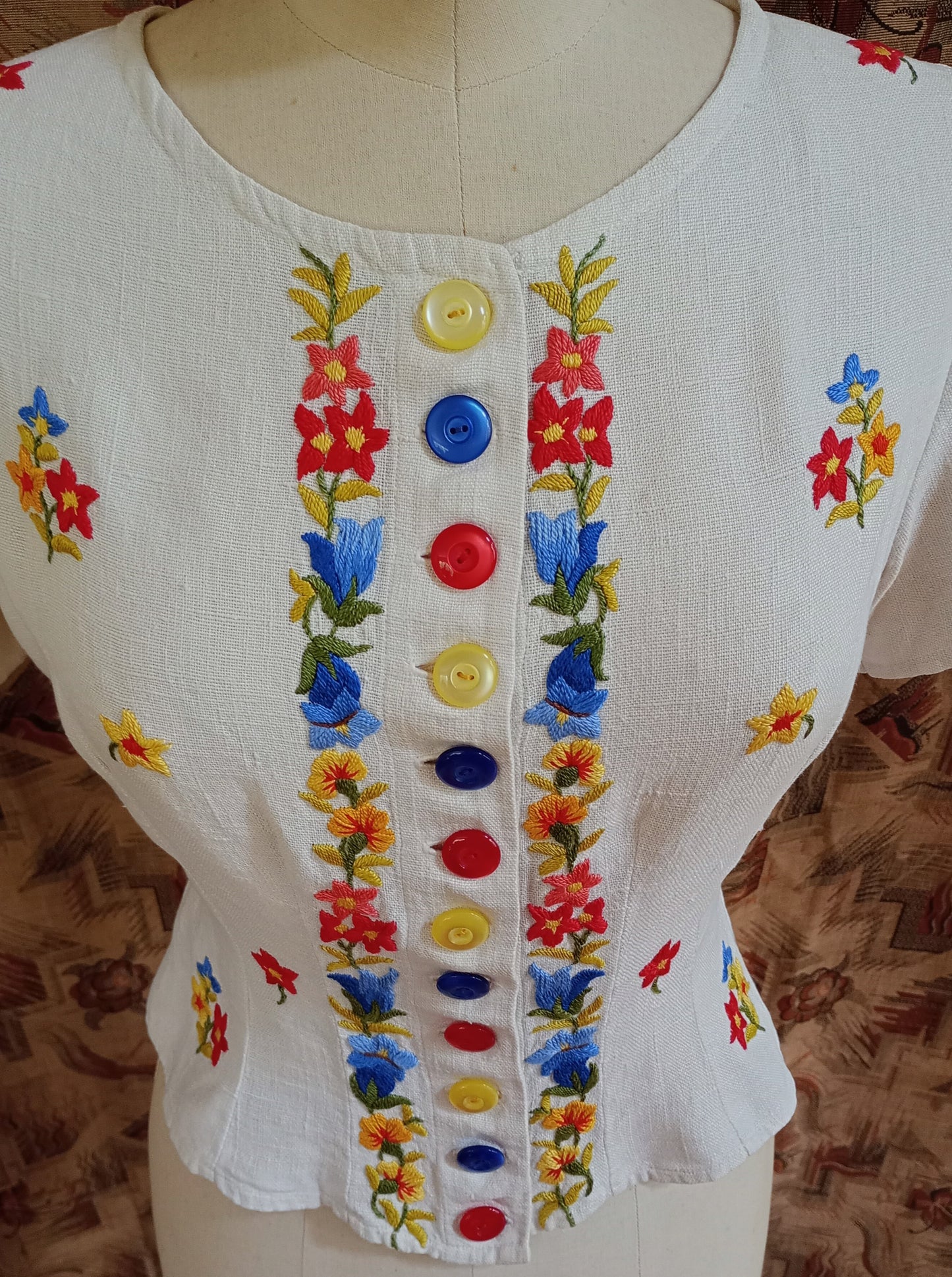 Vintage 1940s Hand Embroidered Peasant Blouse Bodice Jacket UK S