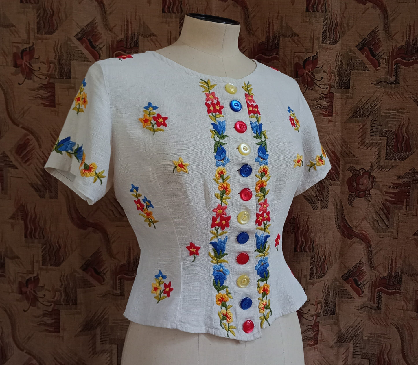 Vintage 1940s Hand Embroidered Peasant Blouse Bodice Jacket UK S