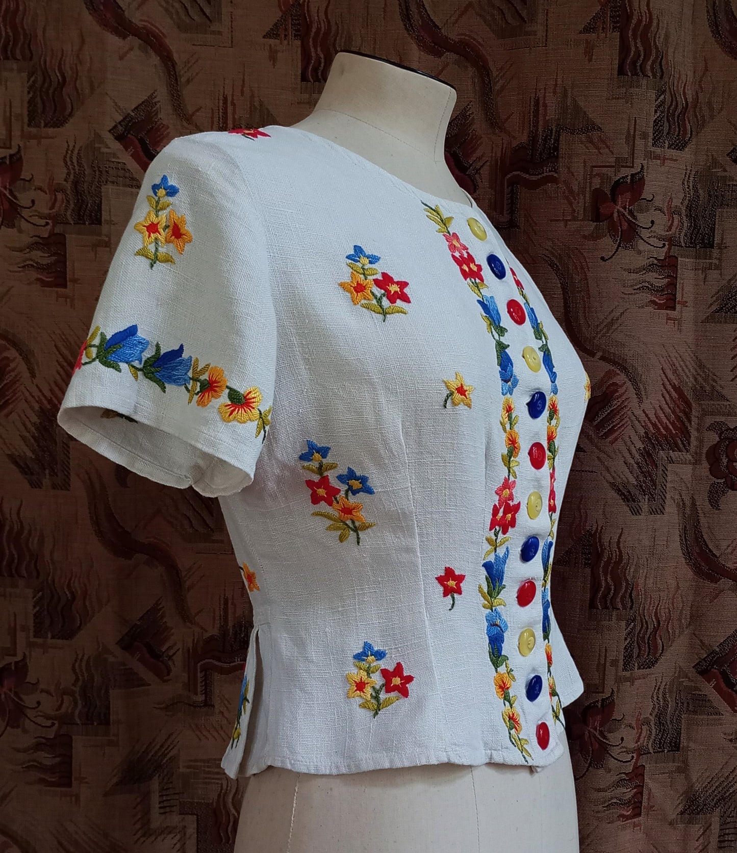 Vintage 1940s Hand Embroidered Peasant Blouse Bodice Jacket UK S