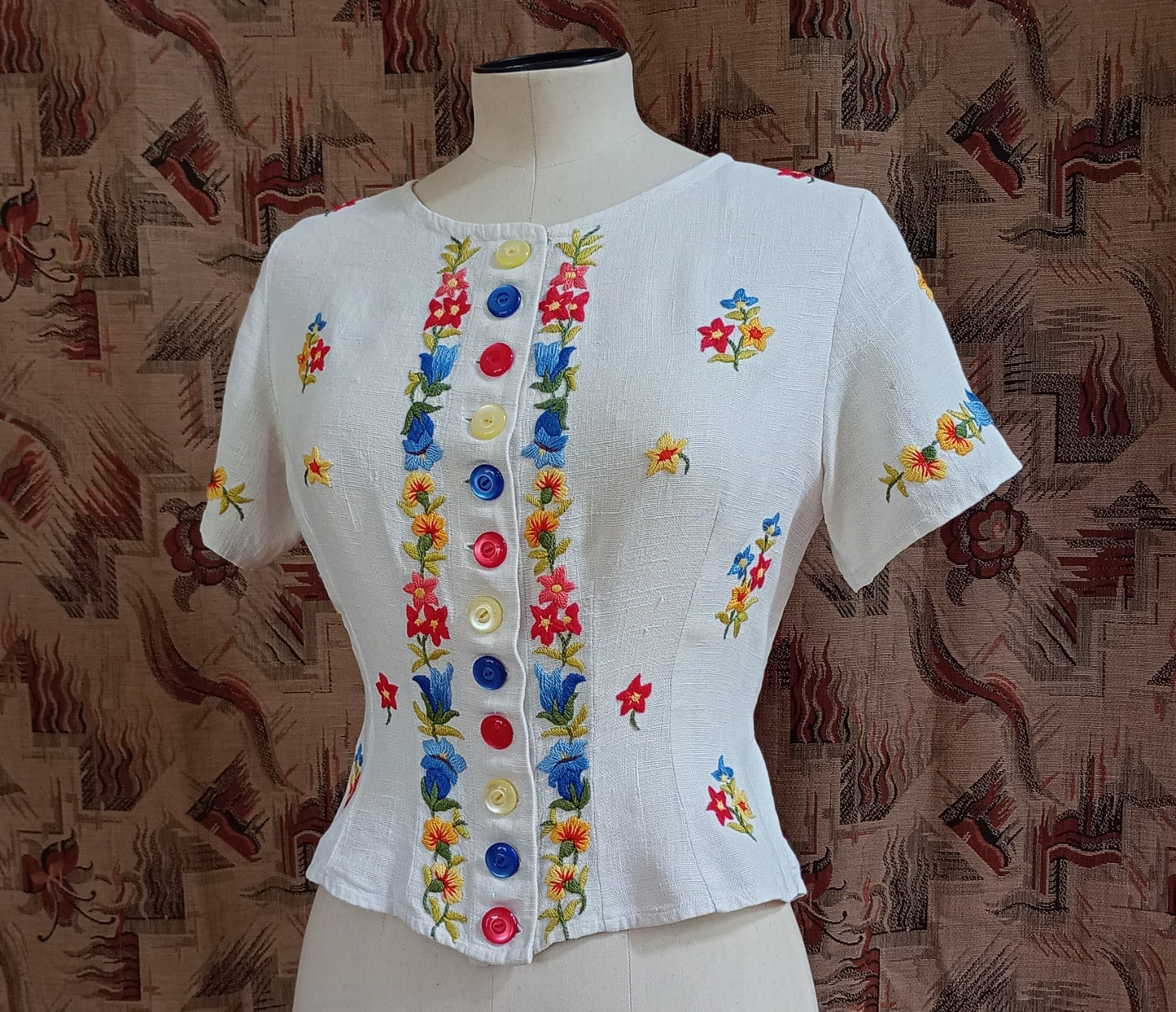 Vintage 1940s Hand Embroidered Peasant Blouse Bodice Jacket UK S