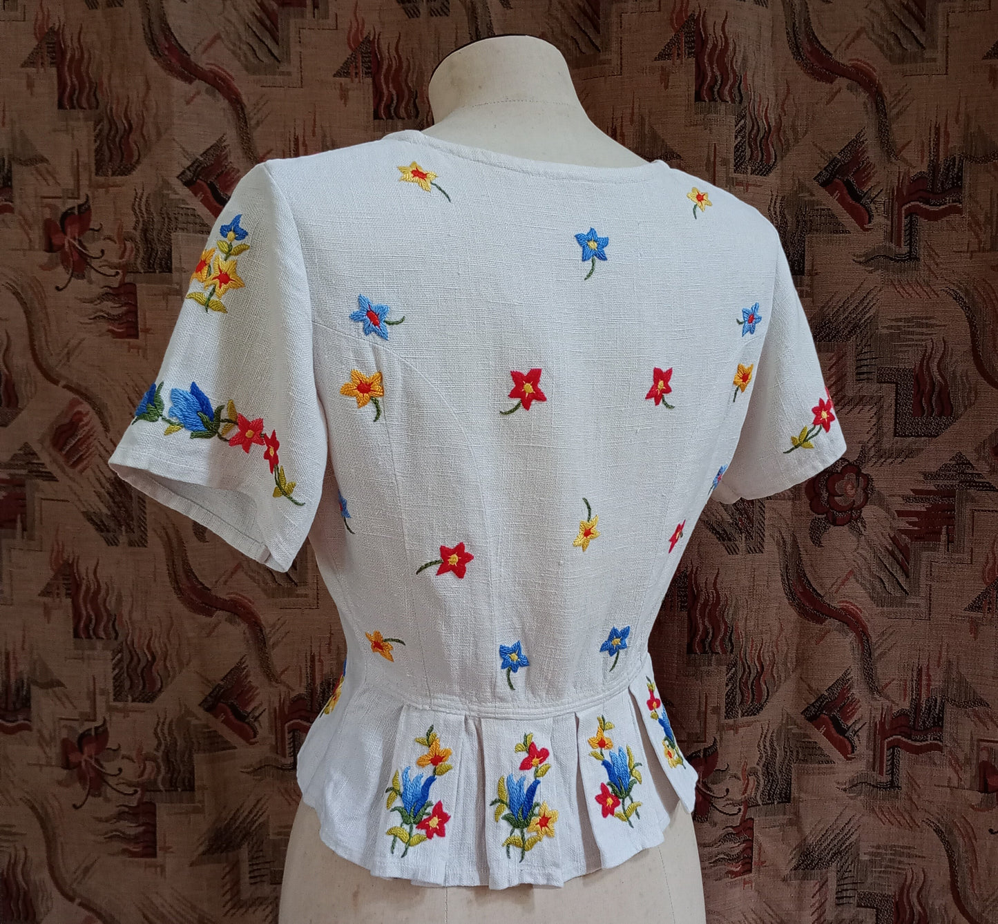 Vintage 1940s Hand Embroidered Peasant Blouse Bodice Jacket UK S