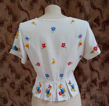 Vintage 1940s Hand Embroidered Peasant Blouse Bodice Jacket UK S