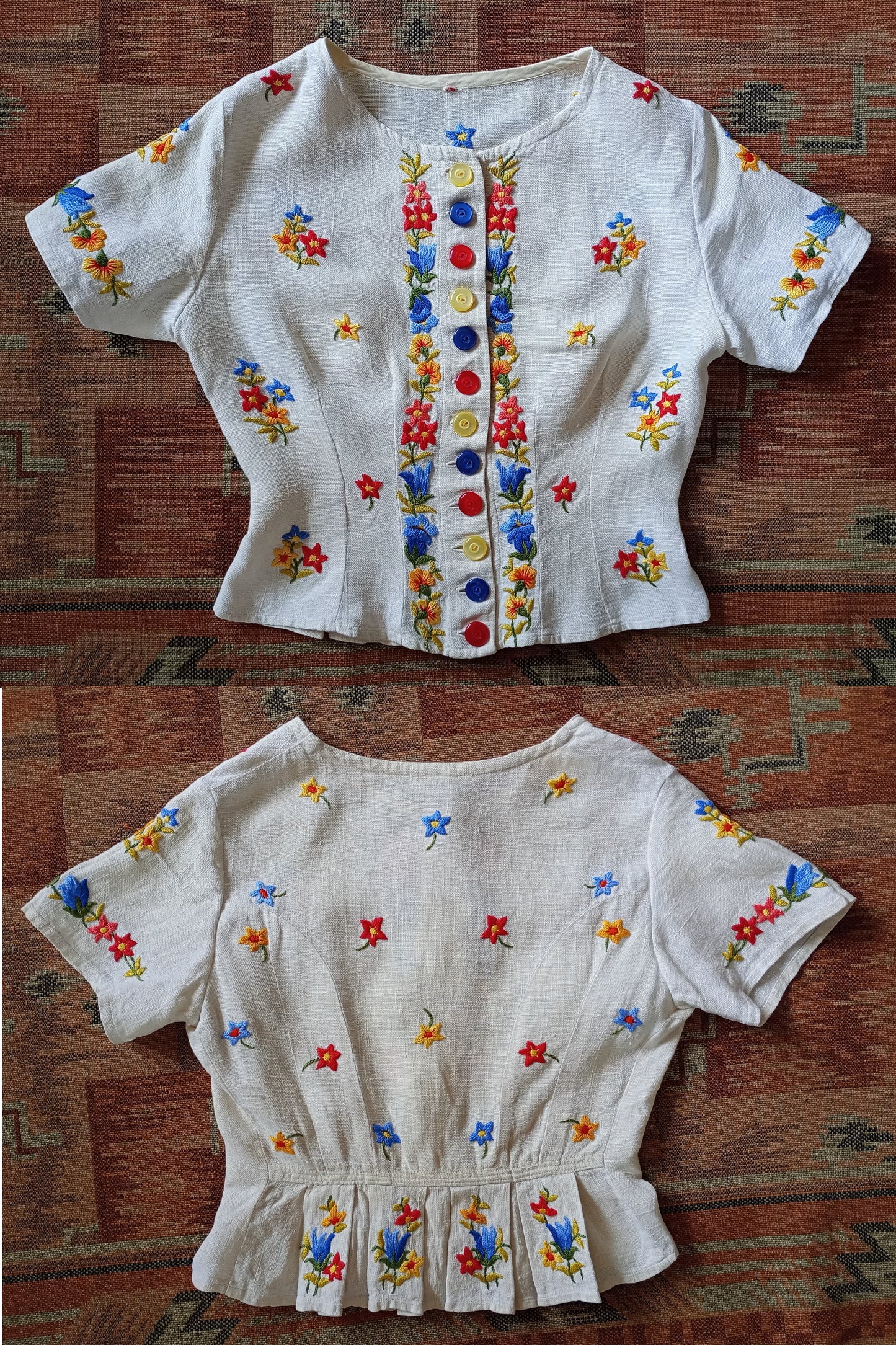 Vintage 1940s Hand Embroidered Peasant Blouse Bodice Jacket UK S