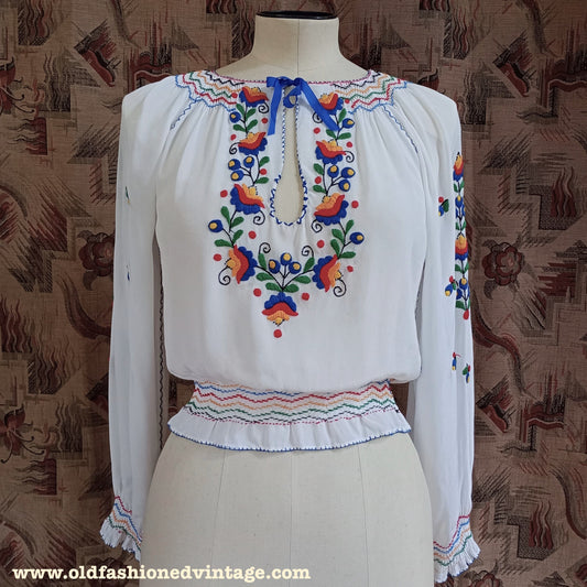 Vintage 1940s 50s Hungarian Style Hand Embroidered Peasant Blouse UK S