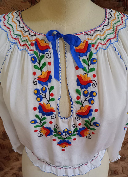 Vintage 1940s 50s Hungarian Style Hand Embroidered Peasant Blouse UK S