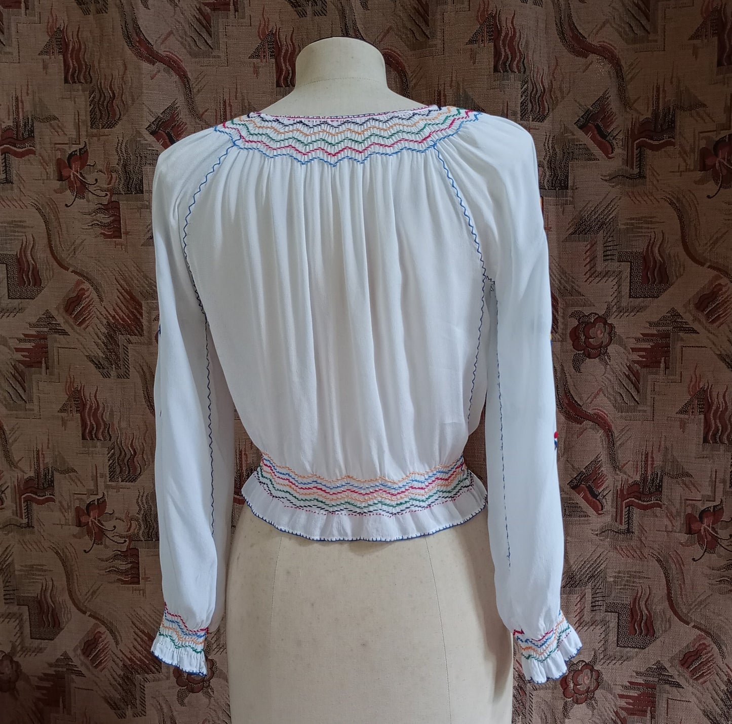 Vintage 1940s 50s Hungarian Style Hand Embroidered Peasant Blouse UK S