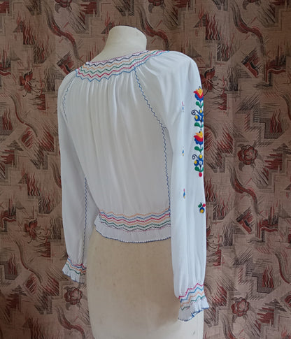 Vintage 1940s 50s Hungarian Style Hand Embroidered Peasant Blouse UK S