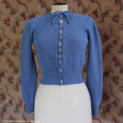 Reproduction 1940s Hand Knitted Cardigan Blue Wool UK XS
