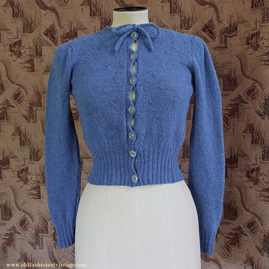 Reproduction 1940s Hand Knitted Cardigan Blue Wool UK XS