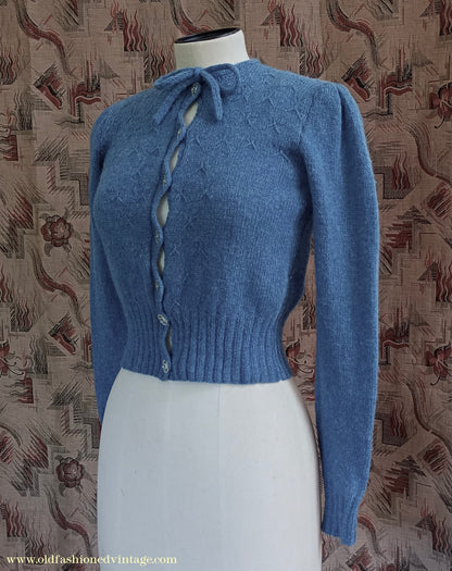 Reproduction 1940s Hand Knitted Cardigan Blue Wool UK XS