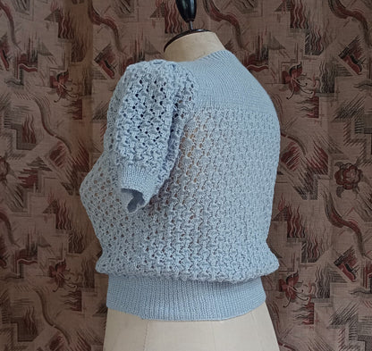 Reproduction 1940s Hand Knitted Jumper Light Grey Lacey Knit Sweater UK L